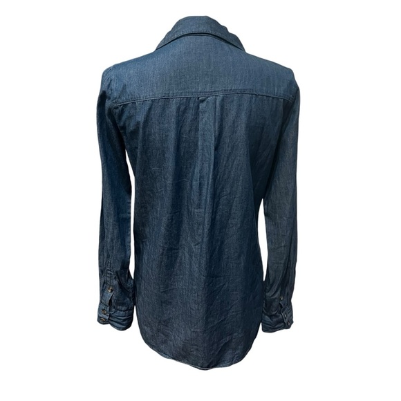 Noble U Lace Up Long Sleeve Collard Chambray Top Blouse Dark Blue Size Small - Picture 2 of 10